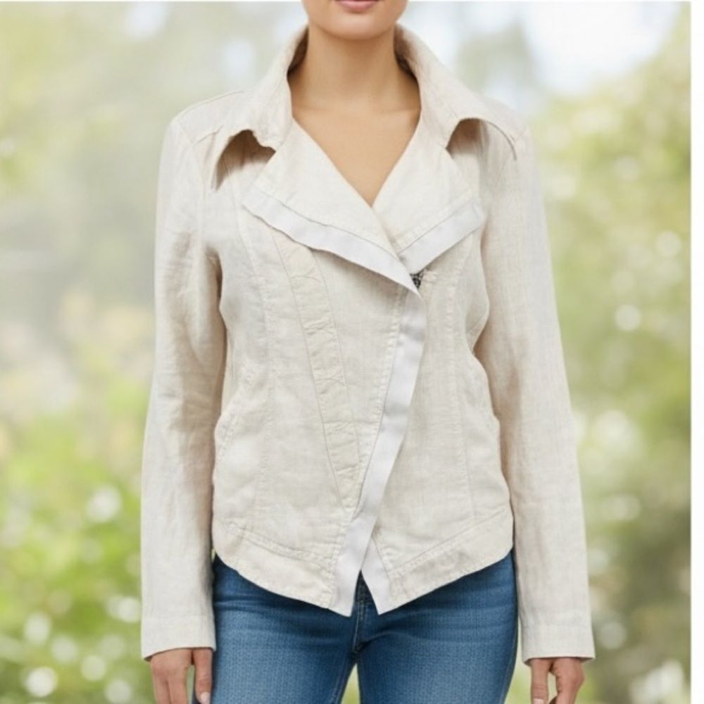 Oizini Embroidered Linen Cropper Jacket SZ L Beige Color Made in Italy Like New